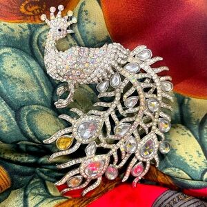 Kirks Folly Peacock Brooch 5” Aurora Borealis Stones Sterling Silvertone Plated